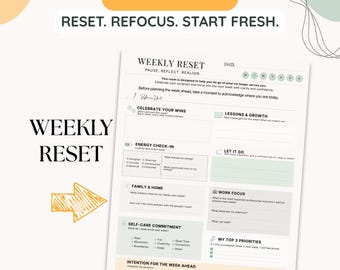 May include: A weekly reset planner page featuring sections for reflection, energy check-in, family and home, work focus, self-care, and priorities. The text includes "WEEK FEELING MESSY?", "WEEKLY RESET", and "RESET. REFOCUS. START FRESH." with a hand-drawn arrow.
