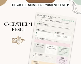 May include: A white printable planner page titled Overwhelm Reset with sections for mental download, reality check, energy check, release the pressure, family and home, work focus, permission slip, one small step, gentle reminder, and today's win.