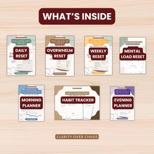 May include: A collection of seven printable planner sheets titled WHAT'S INSIDE and CLARITY OVER CHAOS. The sheets include Daily Reset, Overwhelm Reset, Weekly Reset, Mental Load Reset, Morning Planner, Habit Tracker, and Evening Planner with text.