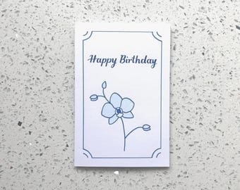 Hand Drawn Blue Orchid Birthday Card | Blank Inside | Envelope Included | Custom Name Envelope Add-On Available