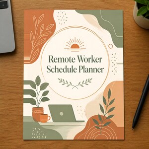 Può includere: Una copertina per agenda rettangolare con il testo Remote Worker Schedule Planner in verde scuro. Il design presenta un cerchio centrale con un'icona del sole, circondato da forme astratte color terracotta e verde salvia, piante in vaso e un computer portatile.