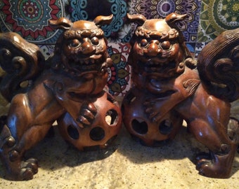 Antique Komainu, Japanese Guardian Lions "Foo Dogs" Hand Carved from Wood