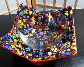 Reversible Microwaveable Hot or Cold Bowl Cozies/Potholders Set of 2 Rainbow Cat or Flowers (Large)