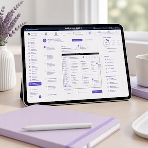 May include: A tablet displaying the RBT ALL-IN-ONE software interface, featuring a navigation tutorial with a dashboard overview, various menu icons, and progress tracking charts. The screen shows text labels including Navigation Tutorial, Dashboard Overview, and Quick Help.