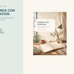 May include: A digital planner titled AGENDA CON ATENCION with a white cover featuring the text AGENDA CON ATENCION and a subtitle. The image displays an open notebook on a wooden desk with a lamp, a mug, and a plant, set against a window view.