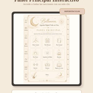 May include: A digital planner interface titled Bellanova Agenda Digital Todo en Uno, featuring a central dashboard with icons for goals, monthly and weekly plans, habits, wellness, exercise, finances, reading, and notes, with navigation tabs.