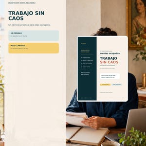 May include: A digital planner titled TRABAJO SIN CAOS by Bellanova by Maria. The planner features a cream background with dark teal and yellow accents, containing 13 pages in Spanish. The text includes Un reinicio práctico para días cargados.