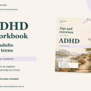 Może przedstawiać: Skoroszyt ADHD dla dorosłych i nastolatków autorstwa Bellanova by Maria. Okładka zawiera ilustrację krajobrazu ze ścieżką prowadzącą do jeziora i gór. Tekst obejmuje 'Tips and exercises for managing ADHD', 'Adults and teens ages 13+' oraz 'Small steps for everyday life'.