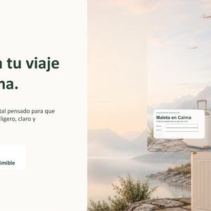 May include: A digital travel planner titled Maleta en Calma featuring a beige suitcase on a rocky shore with mountains and a lake in the background. The document includes text in Spanish, a fillable PDF format, and is presented in A4 size with 10 pages.