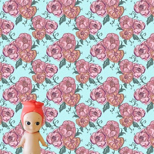 Vintage Roses on Blue 1:12 Dollhouse Wallpaper Digital Paper Download