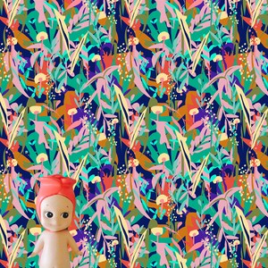 May include: A colorful, abstract pattern of leaves and flowers in shades of pink, green, blue, yellow, and orange on a dark blue background. A small doll with a pink head and a white body stands in front of the pattern.