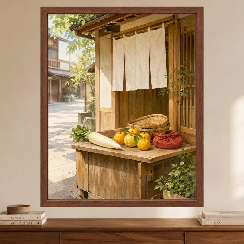 Puede incluir: Una impresi&oacute;n de arte mural enmarcada que representa un puesto de madera en una calle japonesa. El puesto cuenta con una cortina noren blanca, un r&aacute;bano daikon blanco, varias frutas c&iacute;tricas amarillas, una cesta de mimbre y un envoltorio rojo.