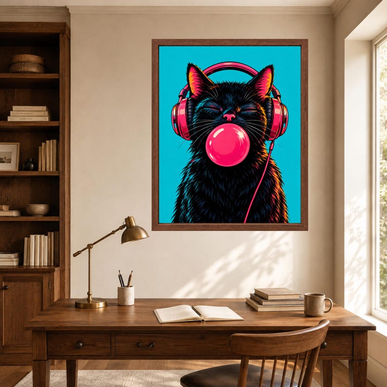 Kopfhörer mit schwarzer Katze im Kaugummi-Design, Pop-Art-Musikzimmer-Dekoration (Digitaler Download) Bild 6