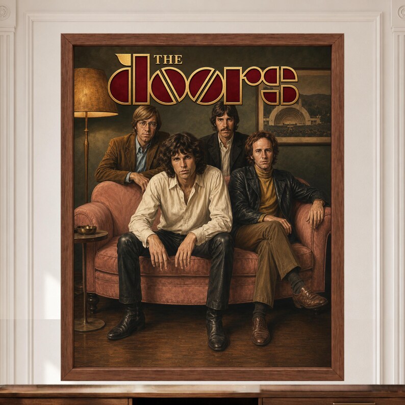 May include: A framed wall art print featuring the band The Doors. Four individuals are seated on a pink sofa in a dimly lit room. The text THE DOORS is displayed in a stylized gold font at the top. The artwork is enclosed in a brown wooden frame.