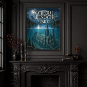 May include: A rectangular wall art print titled The Cathedral Beneath The Lake, featuring a dark blue underwater scene of a gothic cathedral submerged in a lake, with mountains in the background under a full moon and a starry night sky.