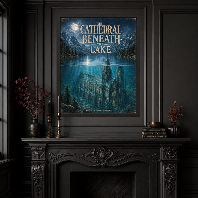 May include: A rectangular wall art print titled The Cathedral Beneath The Lake, featuring a dark blue underwater scene of a gothic cathedral submerged in a lake, with mountains in the background under a full moon and a starry night sky.