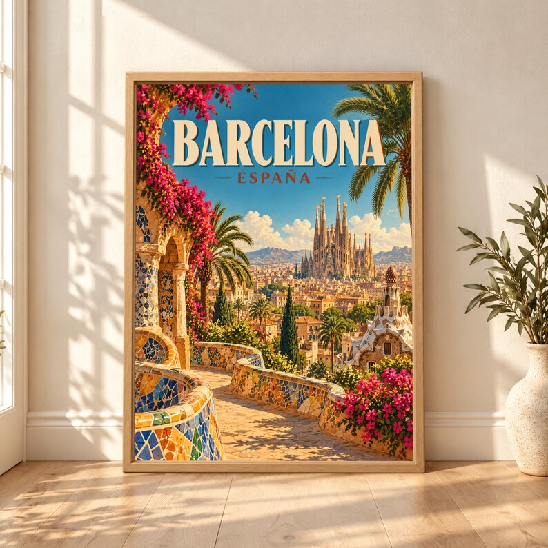 Framed Barcelona Spain travel poster showing Park Güell mosaic terraces, pink bougainvillea, palm trees and the Sagrada Família rising above the city beneath a bright blue Mediterranean sky.