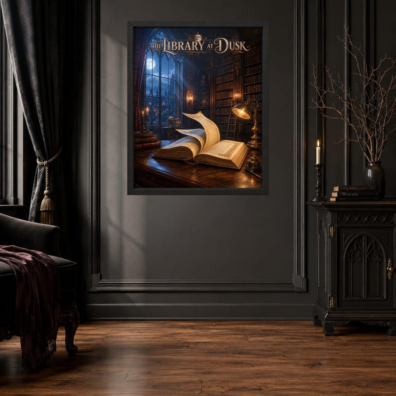 May include: A framed wall art print titled The Library at Dusk, depicting an open book on a wooden desk inside a dark, multi-story library. The scene features tall bookshelves, a glowing desk lamp, and a large window showing a moonlit night sky.