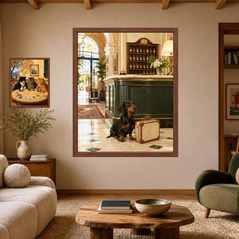 May include: A large framed wall art print depicting a black and tan dachshund sitting next to a vintage suitcase in a hotel lobby, alongside a smaller framed print showing three cats playing cards at a round table in a sunlit room.
