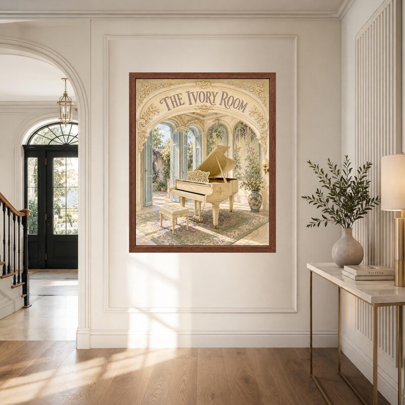 May include: A framed wall art print titled THE IVORY ROOM featuring a grand piano in a sunlit, ornate architectural space with arched doorways, floral wall murals, and a patterned rug, all enclosed within a dark brown wooden frame.