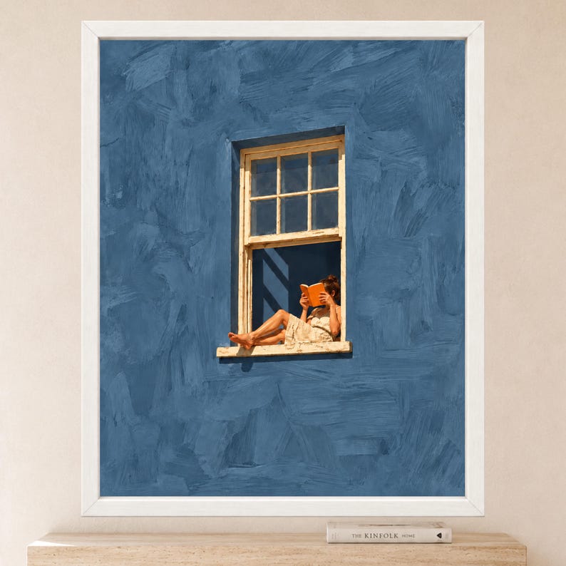 Woman Reading Window Print, Dusty Blue Wall Art, Book Lover Decor (Digital Download) image 2