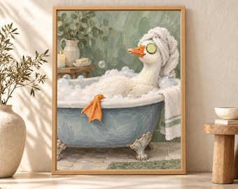 Spa Duck Bath Print, Cucumber Eyes, Sage Green Bathroom Art (Digital Download)
