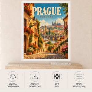 Prague Travel Poster, Charles Bridge Wall Art, Prague Castle Czech Republic Print, Digital Download image 11