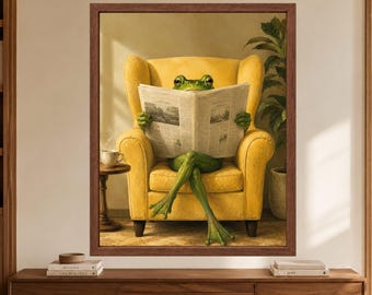 Funny Frog Reading Newspaper Art, Whimsical Animal Print, Mid-Century Decor (Digital Download)