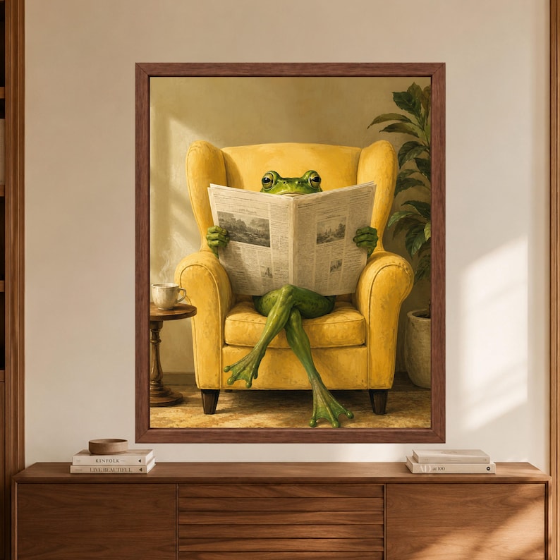 Framed frog reading newspaper wall art showing a green frog sitting cross-legged in a mustard yellow armchair with a newspaper, coffee cup and leafy houseplant in a warm retro room.