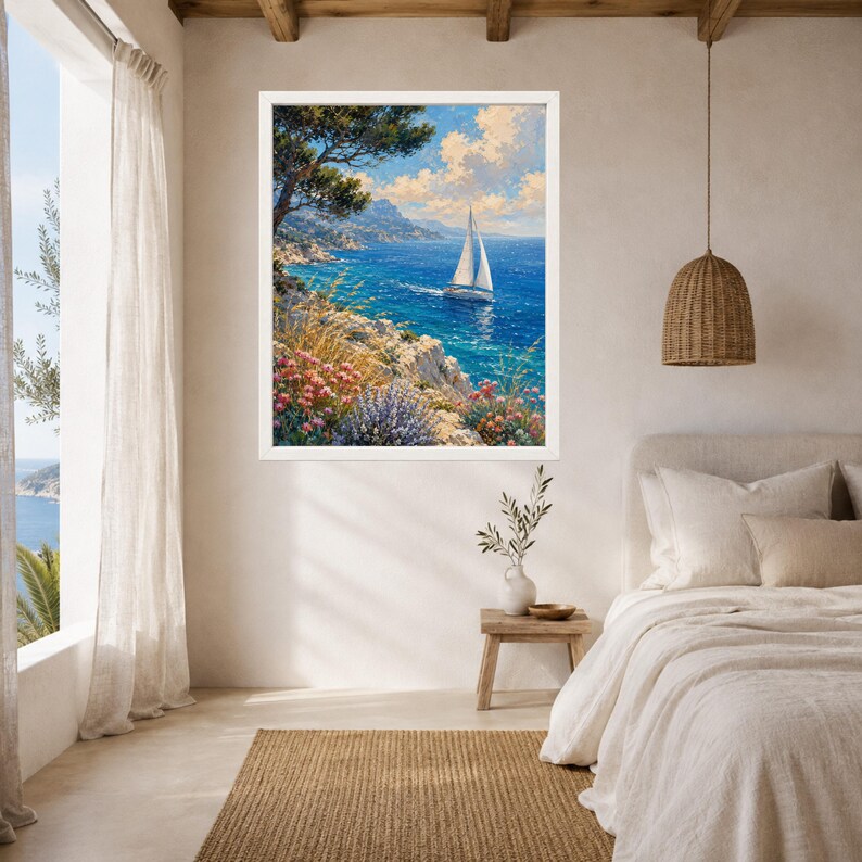 May include: A framed wall art print featuring a coastal landscape painting with a white sailboat on deep blue water, rocky cliffs, and colorful wildflowers in the foreground under a bright sky with fluffy white clouds in a white frame.