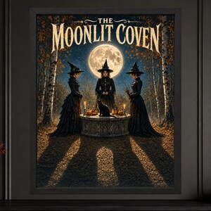 May include: A framed wall art print titled The Moonlit Coven featuring three figures in black dresses and pointed hats standing around a stone altar with a black cat, candles, and pumpkins under a large full moon in a birch forest setting.