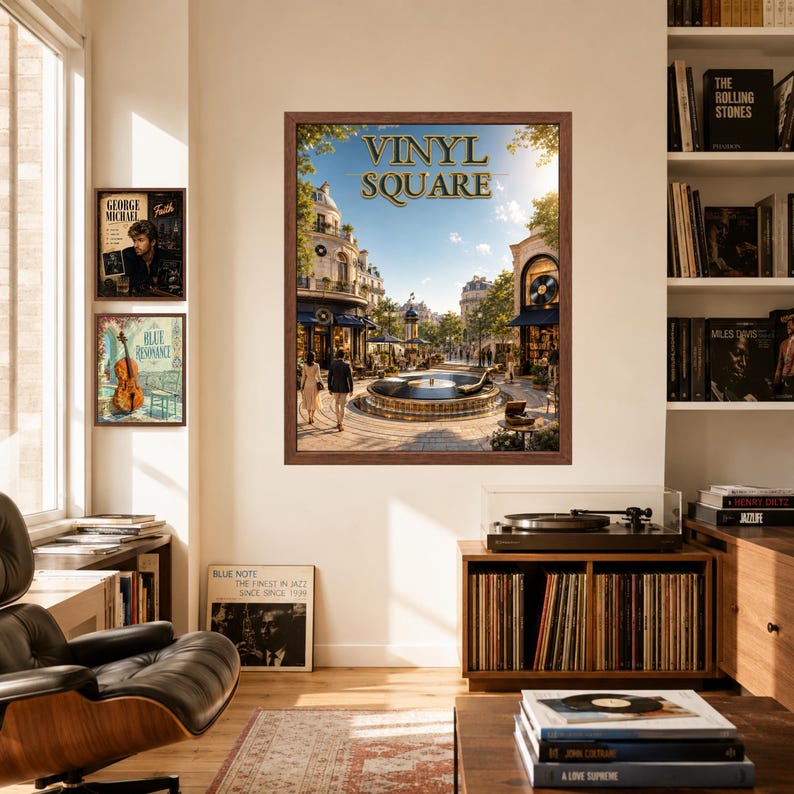 May include: A framed wall art print titled VINYL SQUARE featuring a European-style plaza with a central fountain, surrounded by buildings and trees. The artwork is displayed on a wall above a wooden record player console and vinyl record storage.