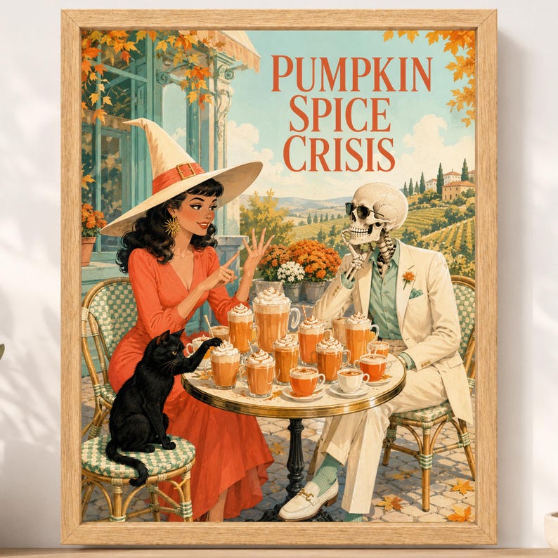 Może przedstawiać: Oprawiony wydruk artystyczny zatytułowany PUMPKIN SPICE CRISIS przedstawiający osobę w kapeluszu czarownicy i szkielet w garniturze siedzących przy stole z wieloma kubkami pomarańczowych napoj&oacute;w. Czarny kot siedzi na krześle obok nich w krajobrazie.