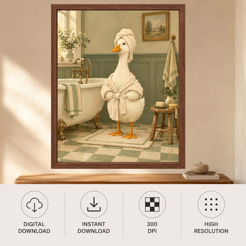 Funny Duck Spa Day Print, Sage Green Bathroom Decor (Digital Download) image 10