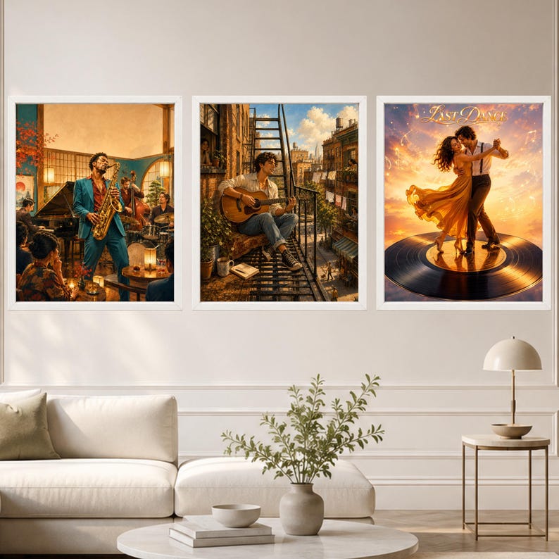 May include: Three framed wall art prints featuring musical themes. The left print shows a jazz band with a saxophonist. The centre print depicts a person playing an acoustic guitar on a fire escape. The right print shows a couple dancing on a vinyl record.