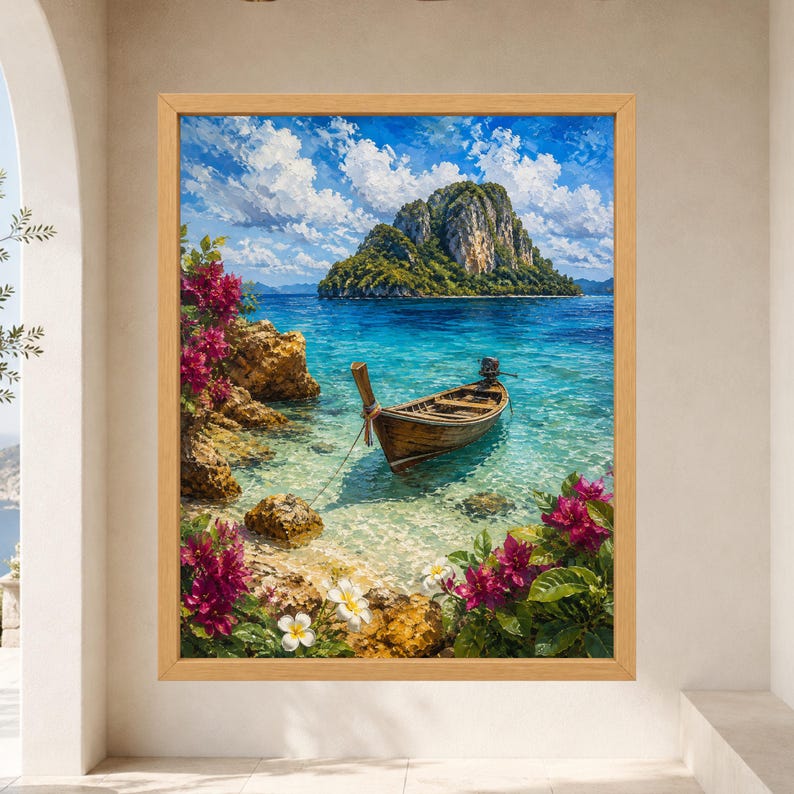 Peut inclure: Une impression d'art encadr&eacute;e repr&eacute;sentant une barque en bois flottant sur une eau turquoise claire pr&egrave;s d'une &icirc;le rocheuse. Le premier plan pr&eacute;sente des fleurs de bougainvillier magenta et des fleurs de frangipanier blanches.