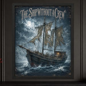 May include: A framed wall art print titled The Ship Without A Crew, depicting a dark, weathered sailing vessel with tattered, shredded sails navigating turbulent, choppy ocean waves under a bright full moon and cloudy night sky.