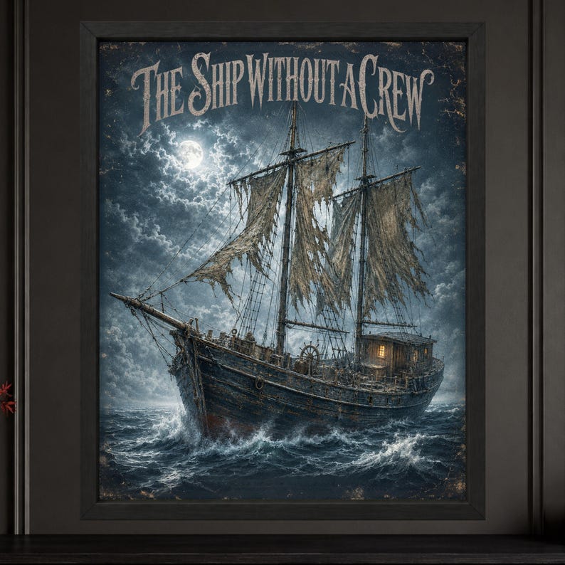 May include: A framed wall art print titled The Ship Without A Crew, depicting a dark, weathered sailing vessel with tattered, shredded sails navigating turbulent, choppy ocean waves under a bright full moon and cloudy night sky.