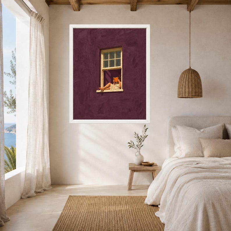 Woman Reading Window Print, Burgundy Wall Art, Minimalist Book Lover Decor (Digital Download) image 5