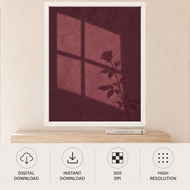 Burgundy Rose Shadow Print, Moody Botanical Wall Art (Digital Download) image 11