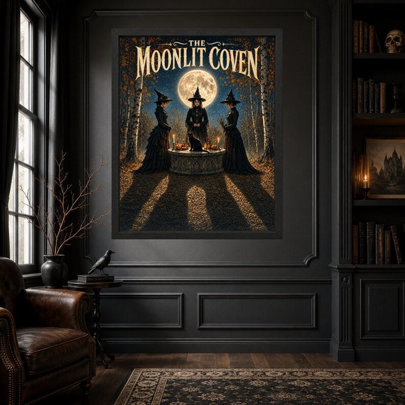 May include: A framed wall art print titled The Moonlit Coven featuring three figures in black witch hats and long dresses standing around a stone altar with a black cat, set in a forest under a full moon with golden light and long shadows.