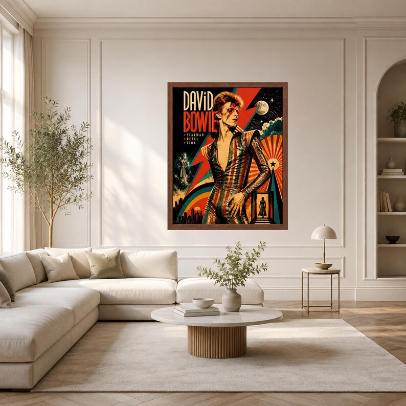 May include: A framed rectangular wall art print featuring a stylized illustration of David Bowie in a striped jumpsuit. The artwork includes a large red lightning bolt, a moon, and the text "DAVID BOWIE STARMAN REBEL ICON" in bold lettering.