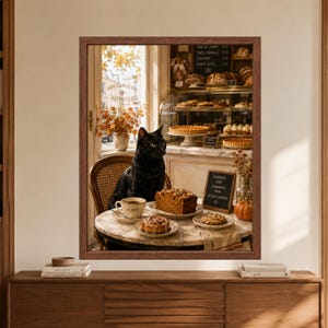 Framed black cat bakery wall art showing a black cat seated at a marble French patisserie table with coffee, pumpkin loaf, cinnamon roll and cookies beside an autumn bakery display.