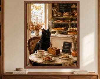 Print van Black Cat Bakery, herfstdecoratie in Franse caféstijl, keukendecoratie met pompoenkruiden (digitale download)