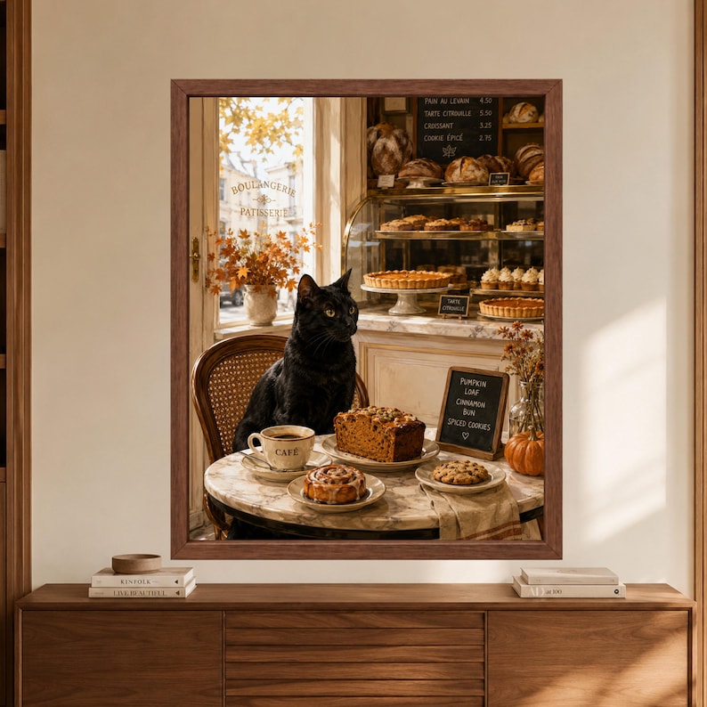 Framed black cat bakery wall art showing a black cat seated at a marble French patisserie table with coffee, pumpkin loaf, cinnamon roll and cookies beside an autumn bakery display.