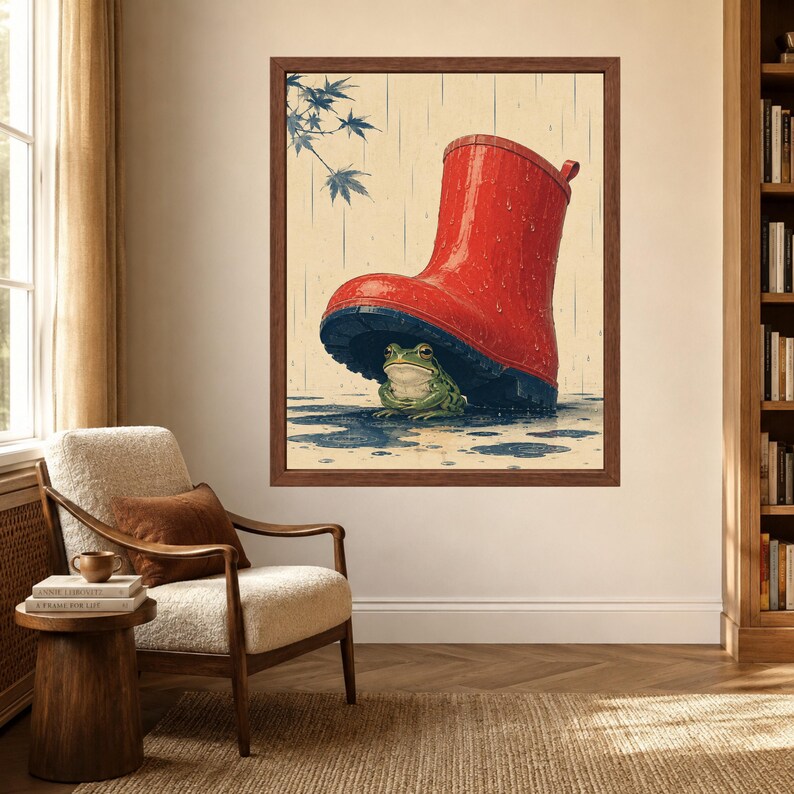 Japanese Woodblock Frog Under Red Boot Print, Whimsical Animal Art (Digital Download) image 5