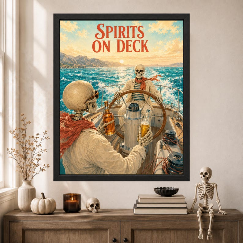 May include: A framed wall art print titled Spirits on Deck featuring two skeletons on a boat at sea. One skeleton steers the vessel while the other holds a bottle. The scene includes a sunset, blue water, and orange scarves. The print is in a black frame.