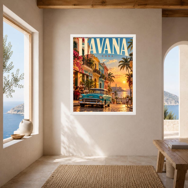 Havana Cuba Travel Poster, Classic Car, Tropical Sunset (Digital Download) image 7