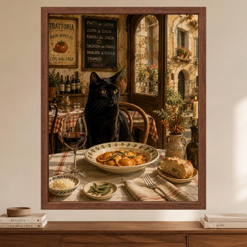 May include: A framed wall art print depicting a black cat sitting at a table in an Italian trattoria. The table features a bowl of ravioli, a glass of red wine, bread, and a small bowl of cheese. A chalkboard menu lists food items in the background.