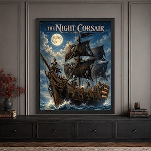 Framed skeleton pirate ship Halloween wall art featuring a black-sailed ghost ship crewed by skeletal pirates sailing through rough moonlit seas beneath a full moon, with vintage “The Night Corsair” typography.